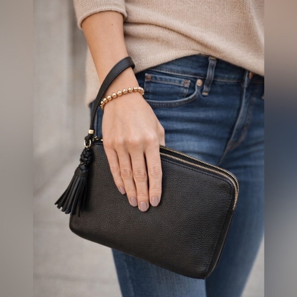 Black Leather Wristlet Clutch with Tassel